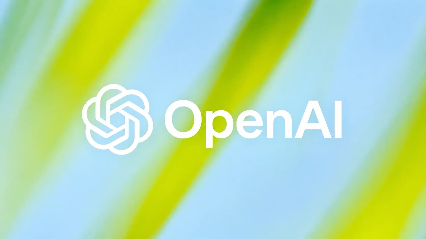 OpenAI-logotyp i vitt mot en blå och gulgrön abstrakt bakgrund.