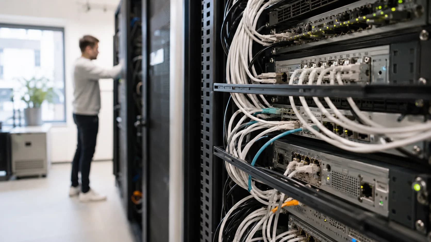 Ett ljust nätverksrum med rackmonterad nätverksutrustning och många kablar i förgrunden, medan en tekniker arbetar vid ett serverrack i bakgrunden.