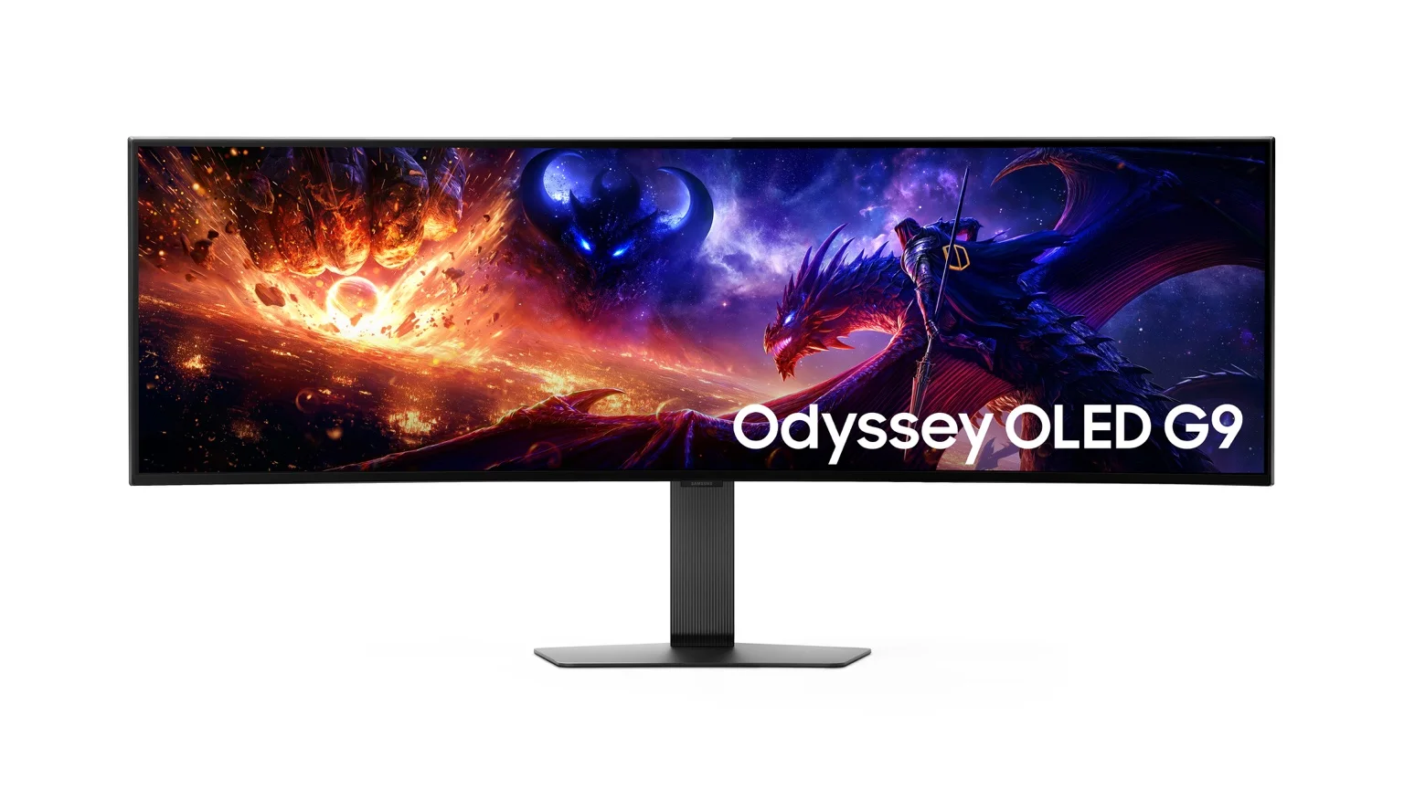 Samsung Odyssey OLED G9, en mycket bred 49-tums gamingskärm, sedd framifrån mot vit bakgrund.