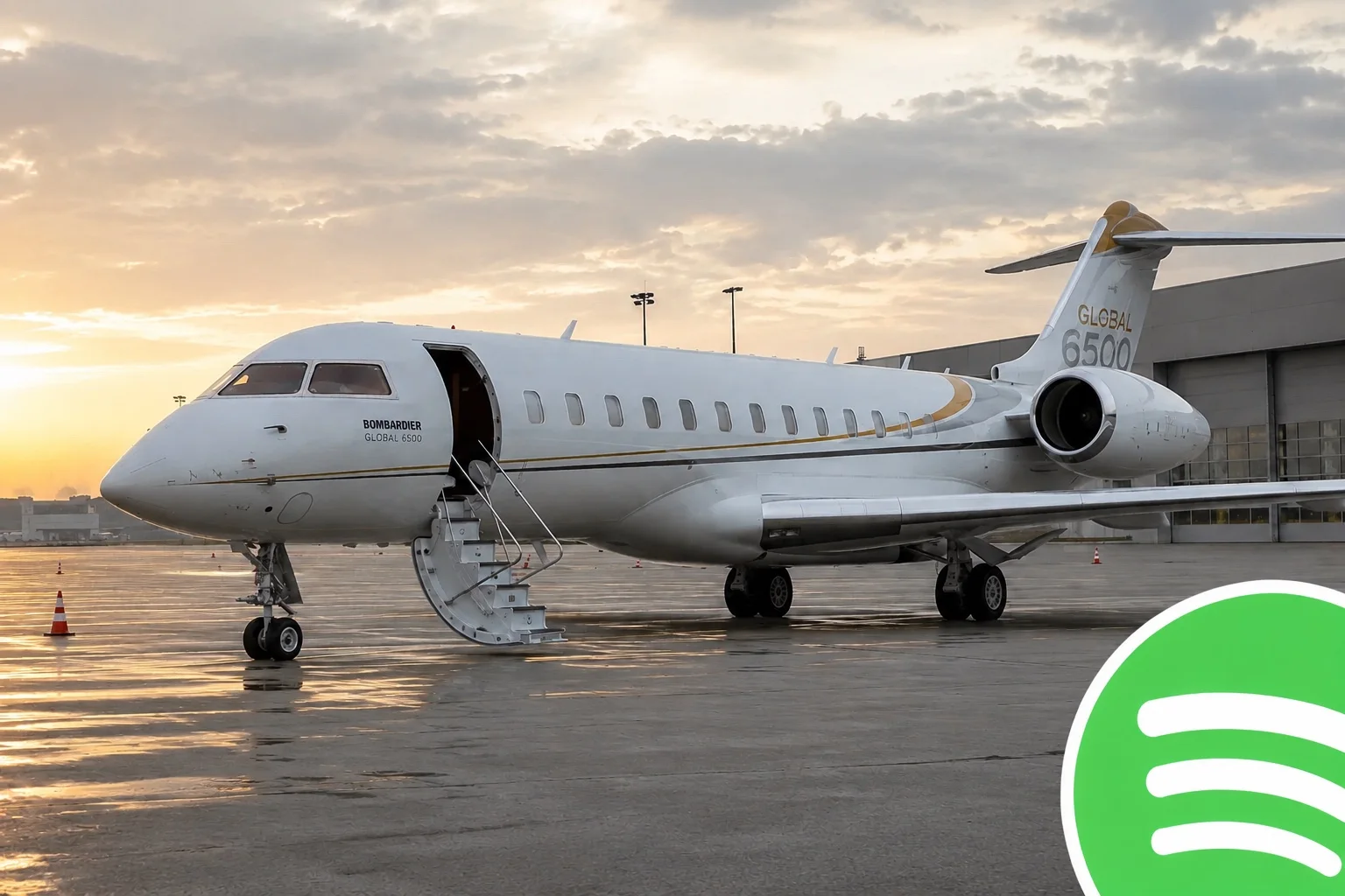 Ett vitt Bombardier Global 6500 privatjet på en flygplats i kvällsljus, med en beskuren Spotify-logotyp i nedre högra hörnet.