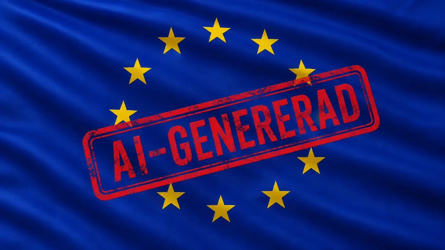 EU-flagga med en röd stämpel med texten "AI-genererad" som illustrerar EU:s nya regler för märkning av AI-innehåll.