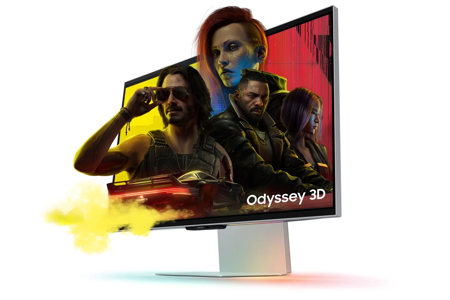 Cyberpunk 2077 visas på en Samsung Odyssey 3D-skärm med figurer som sträcker sig ut framför skärmen.