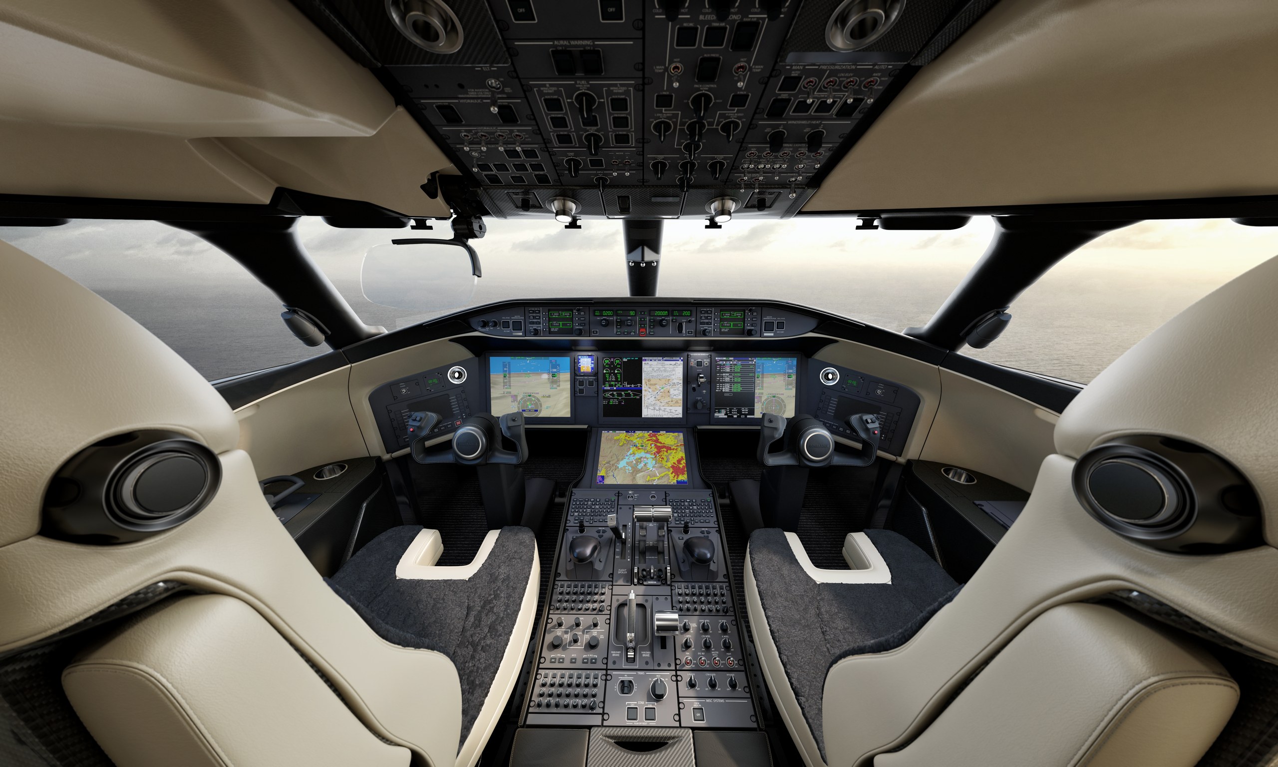 Cockpiten i en Bombardier Global 6500 med flera digitala instrumentpaneler och styrspakar.