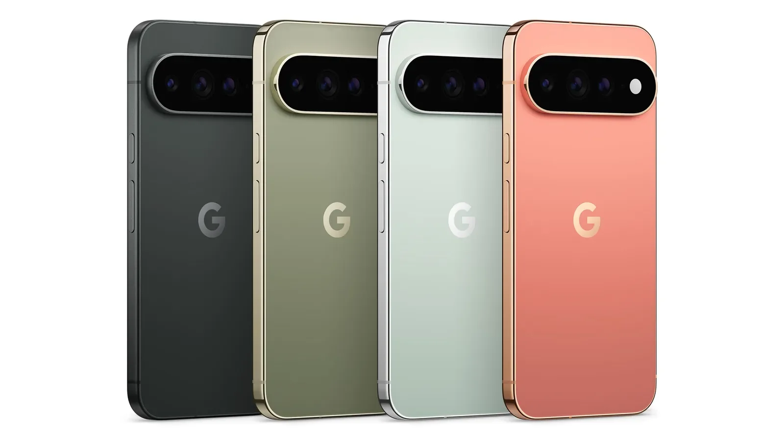 Fyra Google Pixel 11-modeller visas bakifrån i olika färger.