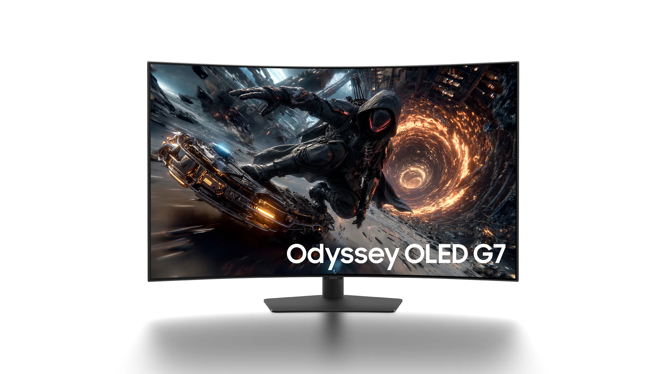 Samsung Odyssey OLED G7, en böjd 42-tums gamingskärm, sedd framifrån mot vit bakgrund.