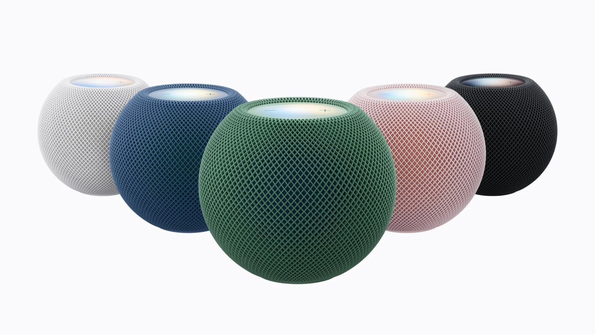 Fem HomePod mini 2 i vitt, blått, grönt, rosa och midnatt.