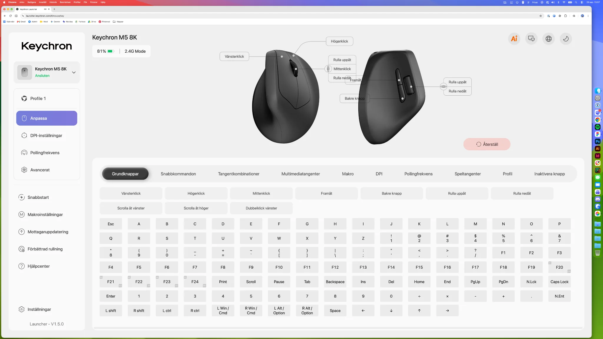 Keychron Launcher i Chrome på Mac med inställningar för musknappar och scrollfunktioner.