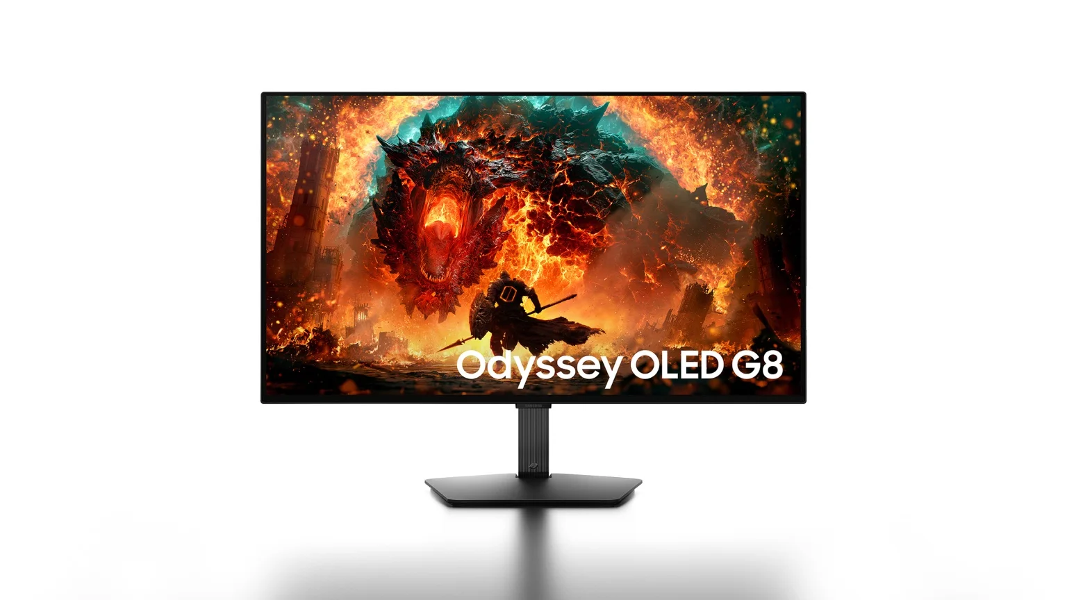 Samsung Odyssey OLED G8, en 32-tums gamingskärm, sedd framifrån mot vit bakgrund.