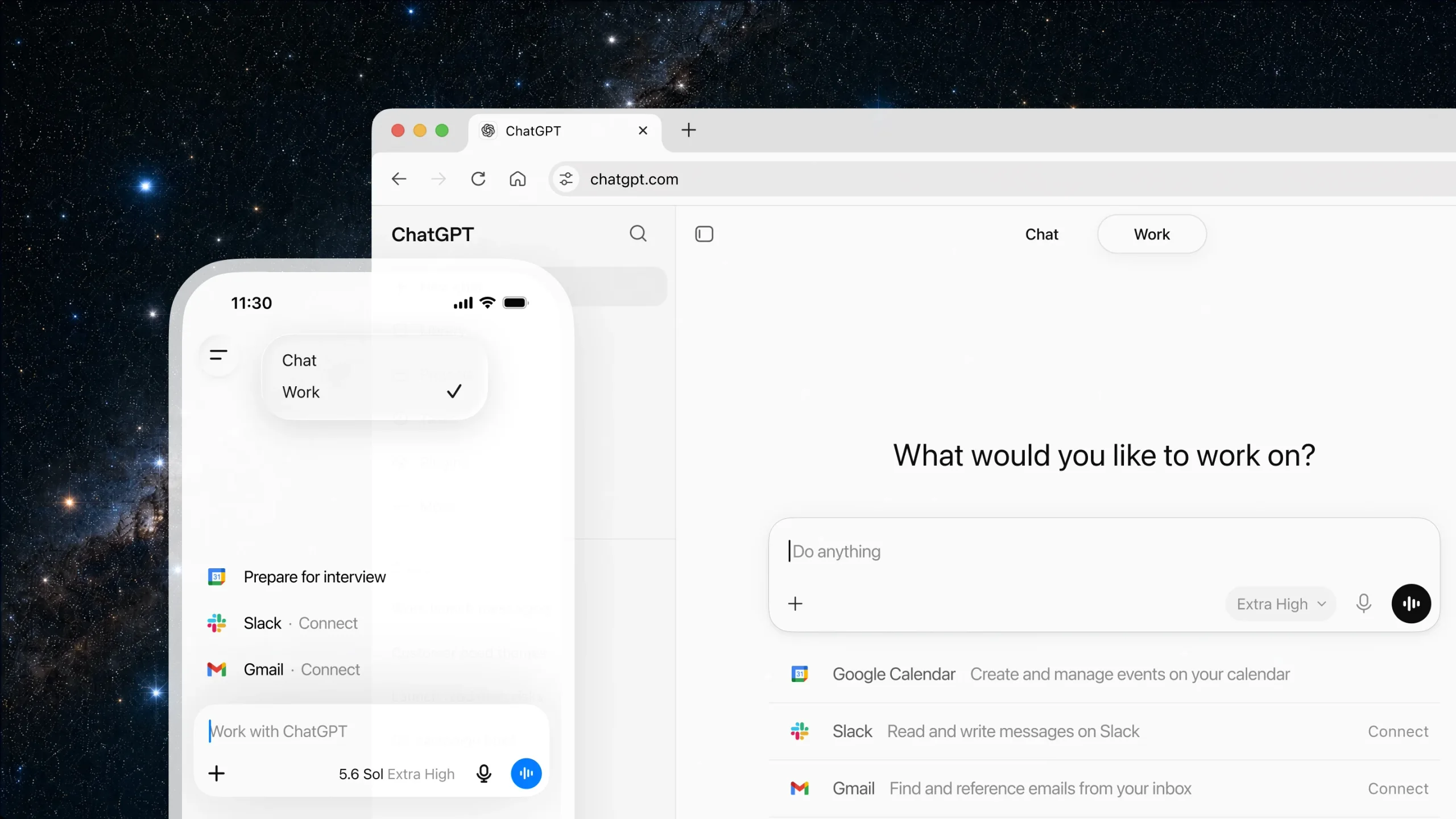 ChatGPT Work visas på en dator och en mobil tillsammans med anslutningar till Google Kalender, Slack och Gmail.