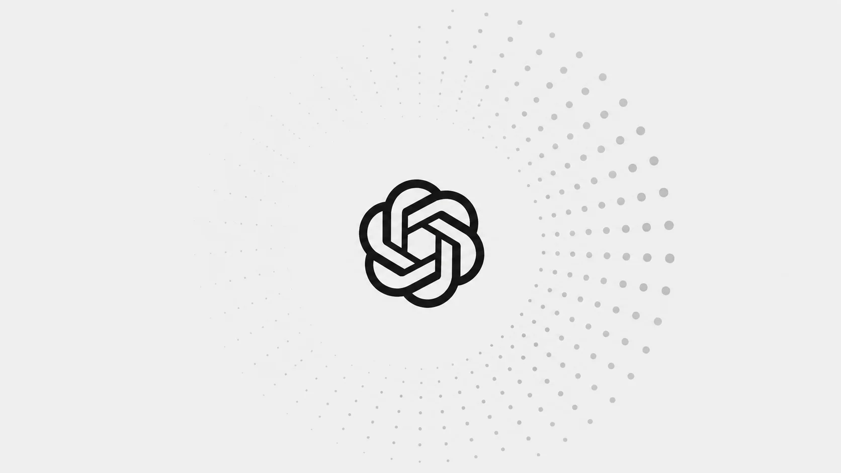 OpenAI-logotyp på ljusgrå bakgrund med ett växande mönster av punkter runtom.