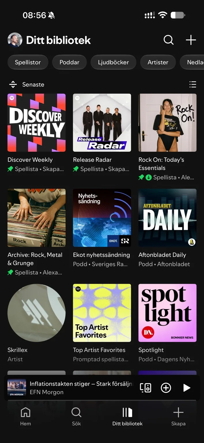 Spotifybibliotekets filterknappar i normalt läge före scrollning.