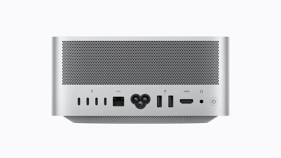 Baksidan av nya Mac Studio med Thunderbolt 5, Ethernet, USB, HDMI och hörlursuttag.