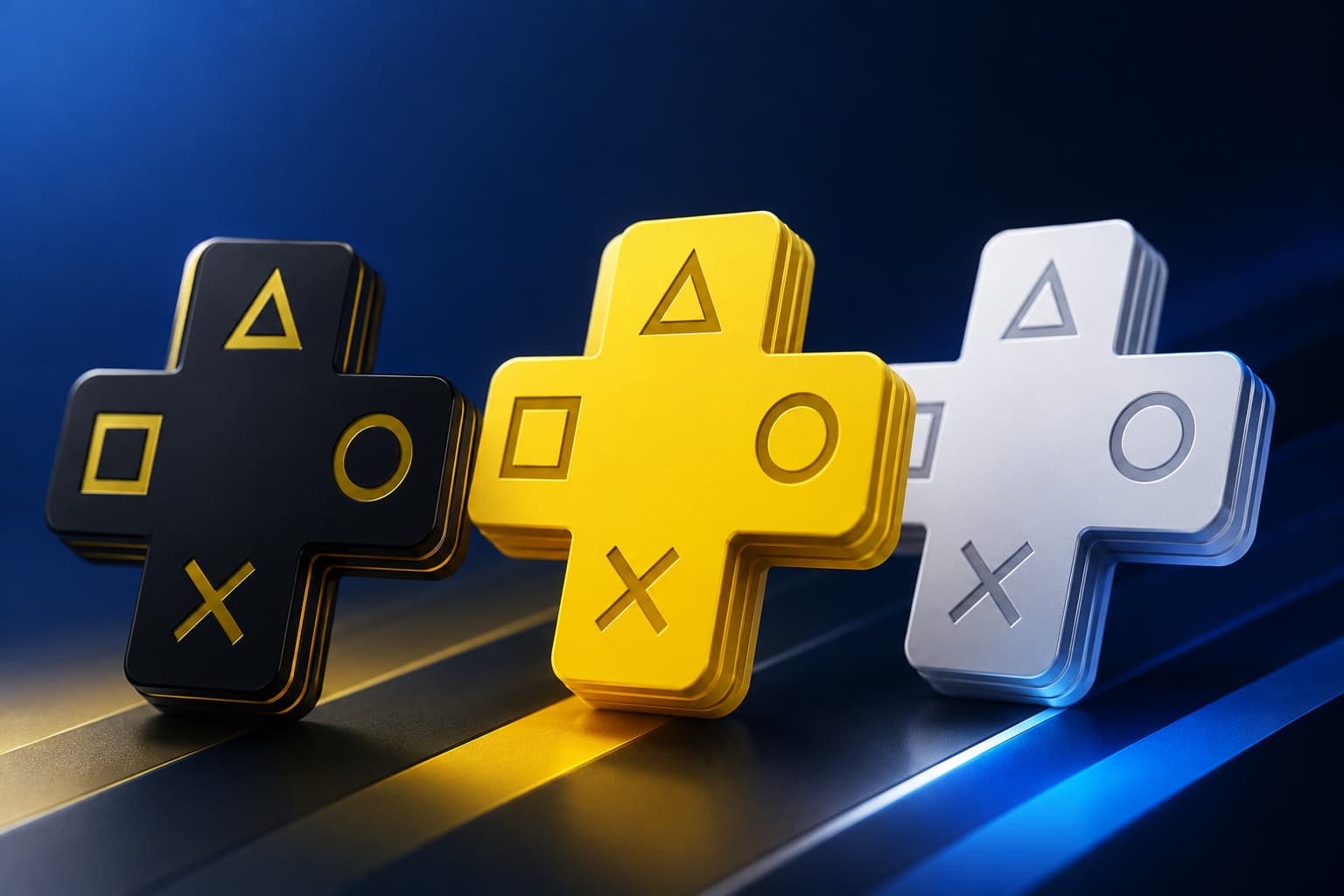 PlayStation Plus logotyper i svart, guld och silver mot mörkblå bakgrund